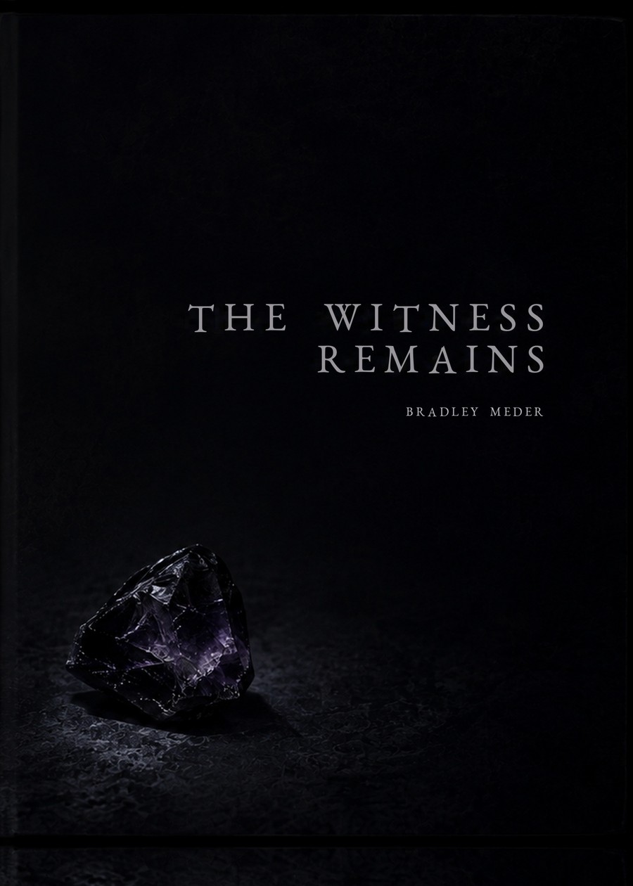 Cover of The Witness Remains by Bradley Meder, featuring a dark amethyst crystal on a black background